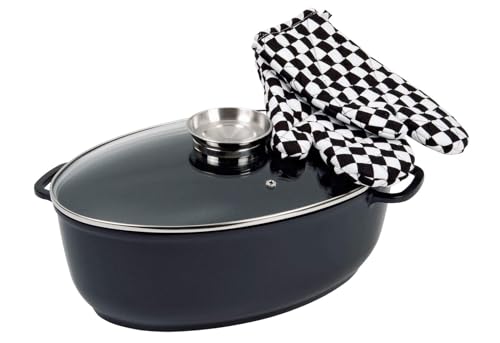 Karl Kruger Delta Aluguss Series Goosebread Oval with Aroma Knob and 1 Pair of Gloves Glass Lid Ovenproof, Metal, Black, 36 x 26 x 30 cm