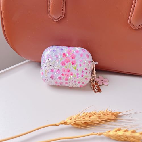 Image of MINSCOSE for Cute Glitter AirPods Pro 3 Clear Case,Shell Pattern Cartoon Flower Aesthetic Design with Floral Keychain,Soft TPU Protective Cover with Cleaner Kit for Women Girls-Pink