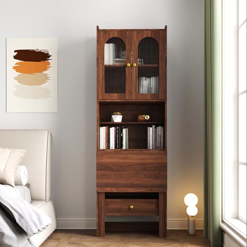 Image of Foldable Office Desk, Fold Out Convertible Hidden Murphy Computer Desk with Storage Shelves, Multi-Function Folding Writing Table for for Small Spaces, Home Office (Walnut.)