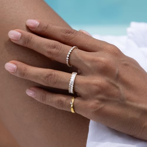 STORYJEWELLERY Eternity Band Rings for Women, Cubic Zirconia Baguette Ring, 18K Gold Plated Stackable Travel Wedding Rings for Women, Emerald Cut Engagement Ring, Gifts for Her2