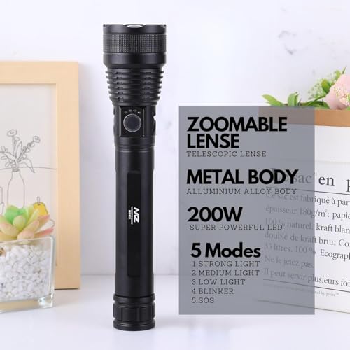 Image of Rechargeable LED Metal Torch Zoomable 5 Modes Flashlight, Super Bright 200 W LED Light with 2400mAh Battery (MZ M982)