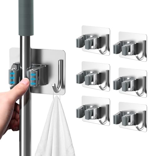 Image of homeasy Broom Holder Wall Mount 6Pcs, Self Adhesive Mop Broom Hanger Silver
