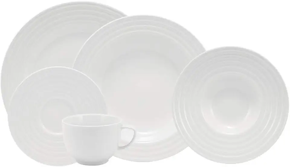 Serviço de Jantar e Chá 30 peças em Porcelana. Modelo Redondo com Relevo Arcos. Branca com Relevo. Fabricado pela Schmidt.