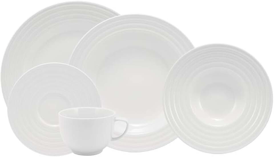 Serviço de Jantar e Chá 30 peças em Porcelana. Modelo Redondo com Relevo Arcos. Branca com Relevo. Fabricado pela Schmidt.