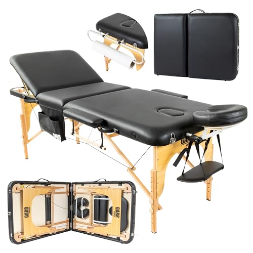 GARR Solution Camilla de Masaje Plegable 3 Zonas en Madera – Profesional, Portátil y Resistente, 185x70cm, Altura 62-87cm, Accesorios Incluidos, Ideal para Estética, Tatuajes y Fisioterapia – Negro