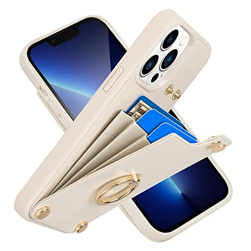 LAMEEKU Wallet Case with Card Holder for iPhone 13 Pro Max, 360°Rotation Ring Stand, Leather Kickstand Card Slots Case,RFID Blocking Shockproof Cover for Women and Men for Apple 13 Pro Max 6.7'' Beige