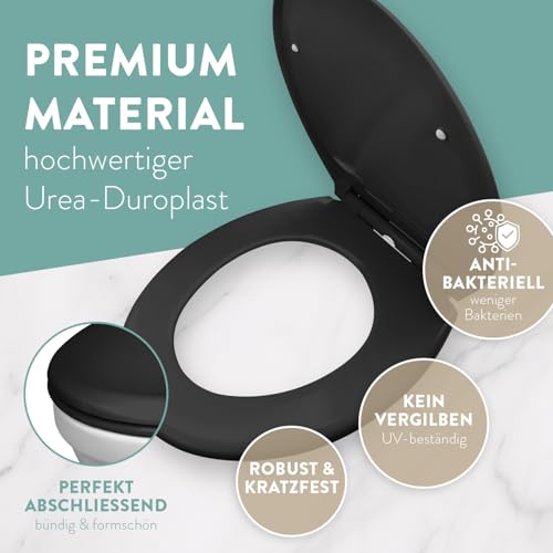 BENKSTEIN Premium Toilettendeckel antibakteriell oval schwarz - Duroplast Klodeckel mit Quick-Release-Funktion und Softclose Absenkautomatik - Toilettensitz aus rostfreiem Edelstahl abnehmbar WC Sitz