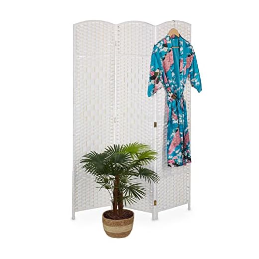 Relaxdays Paravent, Bois et Corde de Papier, Brise-Vue Pliable, 3 Volets, H x L : 170 x 120 cm, pour intérieur, Blanc