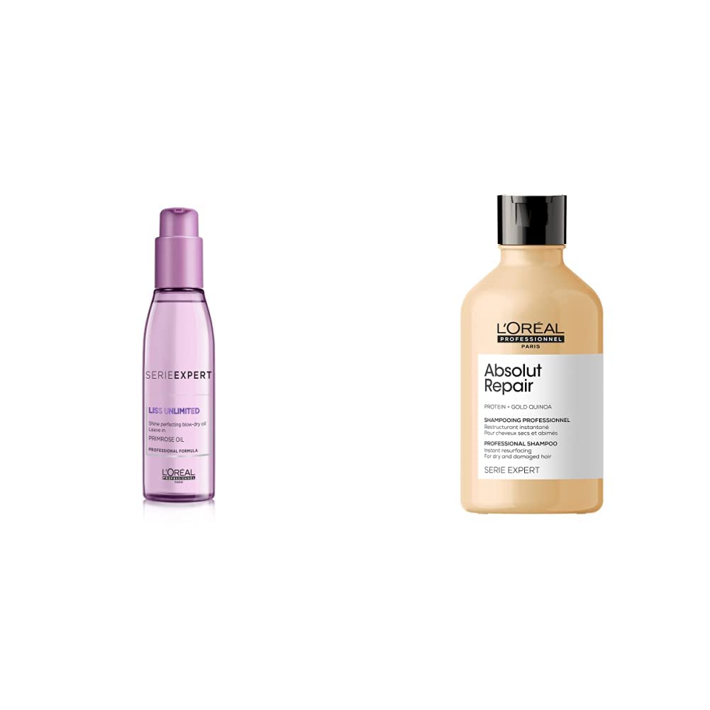 L'OREAL PROFESSIONNEL PARIS Serie Expert Liss Unlimited Blow Dry Serum 125 Ml&Serie Expert Absolut Repair Shampoo For Dry&Damaged Hair Deep Conditioning,Strength With Gold Quinoa,Wheat Protein