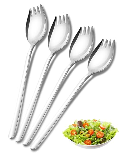 TPZORJX Sporks,4 Stück Edelstahl Spork Göffel, Lang Salatlöffel 2 In 1 Abendessen Gabel Suppenlöffel Salatgabel Nudellöffel, Multifunktion...