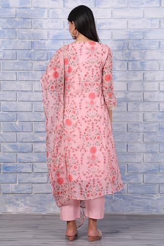 Image of W for Woman Pink Floral Printed Dori Embroidered Organza Flared Kurta, Straight Pant And Dupatta Set
