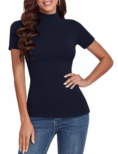 Totatuit Camiseta Mujer de canalé Cuello Alto Manga Corta algodón elástico Estilo Ajustado y básico Elegante y Casual para Verano Azul Marino，L
