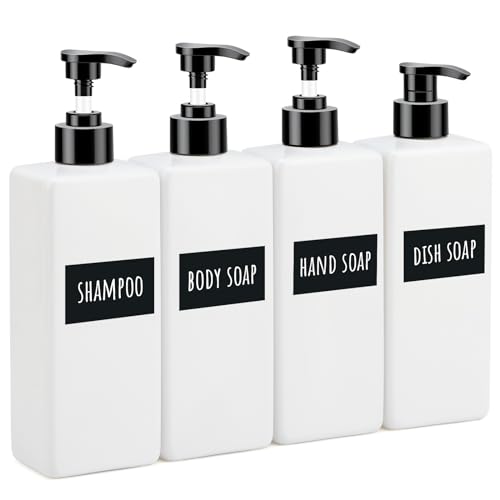 Image of Segbeauty 4 Packs Bathroom Soap Dispenser, 16.9oz Refillable Shampoo and Conditioner Bottles, 500ml Empty Plastic Square Press Pump Bottle Hand Soap Dispenser for Modern Bathroom Kitchen Decor