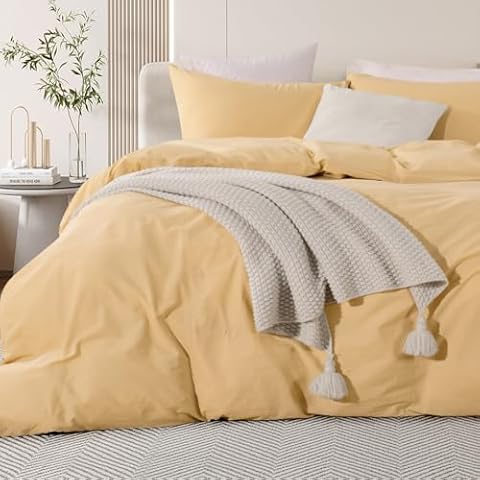NEXHOME PRO Duvet Cover Set 100% Washed Cotton Oversized Queen 92"x98", Organic Natural Linen Look Textured 3 Pieces Bedding Set Apricot Yellow with Zipper Closure, Breathable Soft (No Comforter) Cover