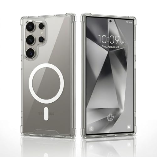 Image of amazon basics Crystal Clear Magnetic Case for Samsung Galaxy S24 Ultra 5G | Compatible with MagSafe Accessories | Air-Guard Corners | Shockproof TPU + Hard PC Back (Clear)