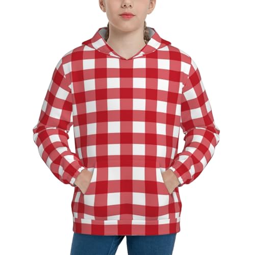 Red Checkboard Kids Pullover Hoodies Boys Sweatshirts Girls Athletic Clothes with Pocket