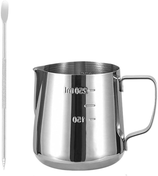 Rolin Roly 250ml/8.45oz Stainless Steel Milk Pitcher Frothing Jug Cup with scale and Latte Art Needle for Espresso Coffee Milk (250ml)