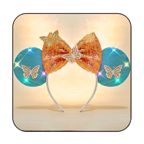 JAKAWIN Light Up Mouse Ears Headband Glowing Bow Headband Costume Hair Accessories for Women (3 Gold Bow)