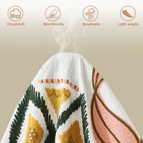 Image of Tyrot 3 Piece Boho Floral Californial King Size Quilt Sets Farmhouse Reversible Lightweight Bedspread Coverlet with 2 Shams Mid Century Leaves Microfiber Bedding Quilts Set for All Season, 118''x106''