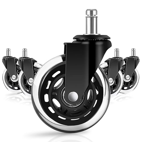 Office Chair Wheels Replacement Rubber Chair Casters and Desk Chair Mat, Safe for Hardwood Floors and Carpet, 3 Inch Heavy Duty Casters, Set of 5, Fits Most Chairs