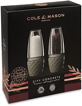 Cole & Mason H321806 City Salt and Pepper Mills | Precision+ Stemless | Concrete/Acrylic | 160mm | Gift Set | Includes 2 x Salt and Pepper Grinders | Lifetime Mechanism Guarantee