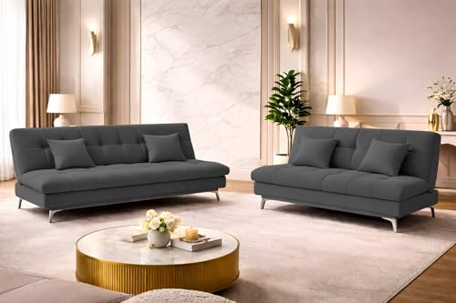 Image of Krancy Solid Wood 3 + 2 Seater Sofa Cum Bed with 2 Cushions | Convertible Wooden Couch for Living Room, Home & Office | Modern Designer Furniture | 3 Years Warranty | Black