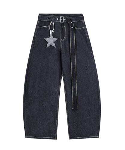 Unisex Wide Leg Barrel Jeans with Star Pendant Belt Retro Distressed Baggy Denim Pants Streetwear Style