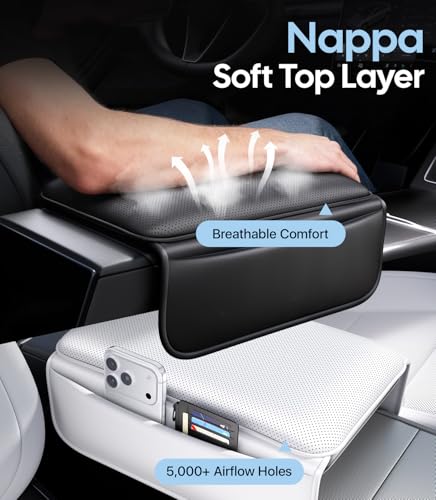 Image of Wigoo Center Console Lid Cover forTesla Model Y Juniper & Model YL 2025-2026 (Standard, Premium &Performance) and Model 3 Highland 2024-2026, Soft Support Nappa Leather Armrest Protector Cover, Black