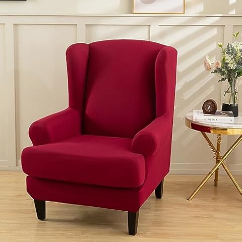 Morbuy Wingback Chair Covers, 2 Piece Wingback Chair Slipcover, Stretch Wingback Chair Cover, Wing Back Chair Covers with Arms, Chair Covers for Living Room (One Size,Burgundy) Cover