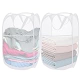 Aplter 2 Pack Mesh Pop Up Laundry Baskets, Collapsible Laundry Hampers, Foldable Clothes Basket Storage Bins with Handles & Side Pocket for Cruise, Travel, Laundry Room, Dorm, Home (White)