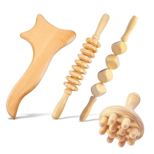 White Pine Wood Therapy Massage Tools | 4 In 1 Wood Therapy Anti Cellulite Massager Kit | Wooden Manual Massage Tools Perfect For Full Body Muscle Pain Relief | Maderoterapia Kit For Body Shaping #TOP3