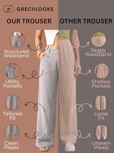 Image of GRECIILOOKS Beige Wide Leg Linen Trousers for Women | High Waist Cotton Baggy Korean Style Casual Pants | Comfortable Formal & Casual Women Trousers