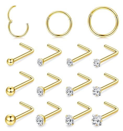 18G Nose Rings Hoops and 20G Nose Studs for Women Men Hypoallergenic 316L Surgical Stainless Steel Clicker Hinged Segment Nose Rings Hoops Ball CZ L-Shape Nose Studs(14k Gold plated:-L shaped)