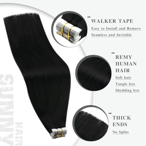 Image of Ve Sunny Hair Tape in Extensions Jet Black | Tape Hair,18Inch 25g 10Pcs,Adhesive Skin Weft,for Everyday Casual