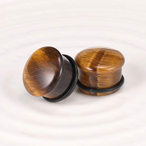 ZS Tiger Eye Natural Stone Brown Ear Plugs Single Flare Ear Gauges Expander with O-Ring Body Piercing4