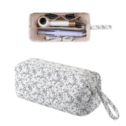 Large Quilted Hair Tools Travel Bag,Hair Styling Accessories Storage Case for Hair Dryer,Curling Iron,Flat Irons,Straightener and Attachments,Portable Organizer with Removable Dividers(16Black Flower) by RSRSLEII - Used condition - US$13.41
