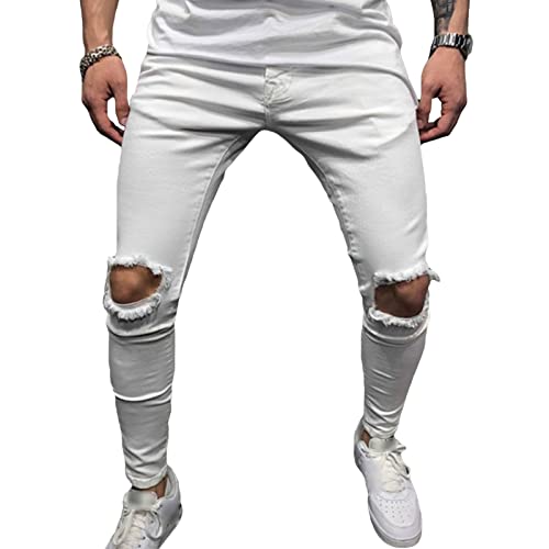 Maiyifu-GJ Men's Knee Holes Stretch Jeans Ripped Skinny Denim Pencil Pants Slim Fit Distressed Tapered Leg Jean Trousers (White,X-Large)