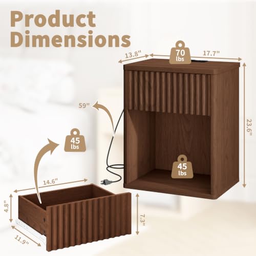 Image of Fluted Nightstands Set of 2 w /Charging Station, Wooden End Table Bed Side Table with Curved Drawer, Mid Century Modern Fluted Night Stand with Rounded Edge for Bedroom, Living Room Sofa, Walnut