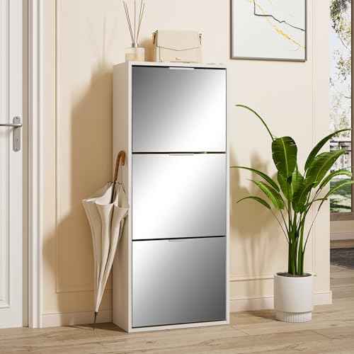 UEV Armoire à Chaussures avec Miroir, Étagère à Chaussures avec 3 Compartiments, Meuble de Rangement pour Chaussures, Étagère Réglable et Amovible, pour...