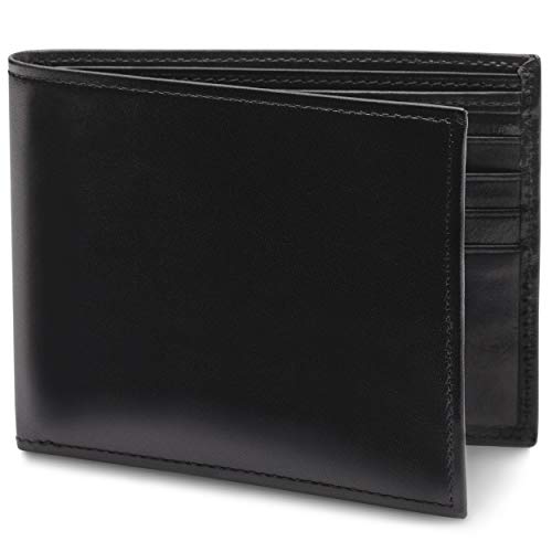 Bosca Men's Leather Wallet - RFID Security Lining - 8 Card Slots - Divided Currency Well - Full Grain Italian Leather with Glossy Finish - Black