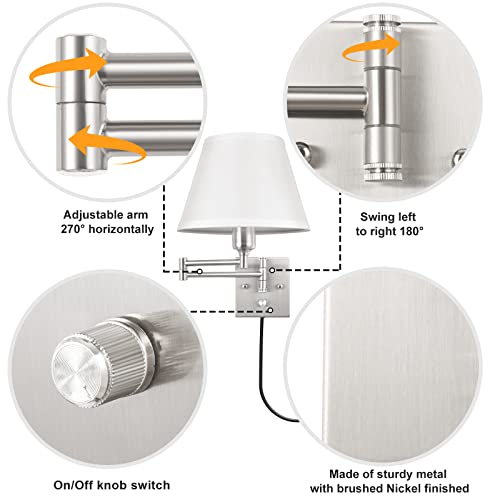 TRLIFE Wall Sconces Plug in, Remote Control Dimmable Wall Sconce and Adjustable Color Temperature 2700K-6500K, Swing Arm Wall Lights with Plug in Cord, 9.4" Medium White Fabric Shade(2 Pack, 2 Bulbs)