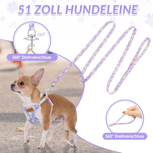 SlowTon Hundegeschirr mit Leine, No-Pull leichtes weiches Wildleder-Welpengeschirr mit Blumenmuster und Schnappschnalle, verstellbares Geschirr Hund für kleine und mittelgroße Hunde(Lila, XXS)
