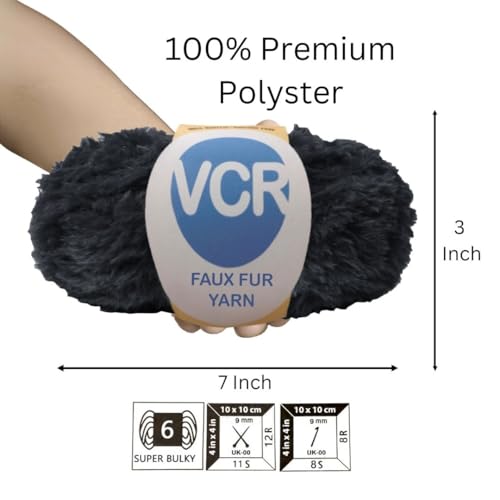 Image of VCR Black Yarn, Bulky Chunky Faux Fur Yarn, 100 Grams Hank, 100% Polyester, Suitable for Knitting Jackets, Scarves, Hats, Blankets, Cushions, Toys and Decorative Accents