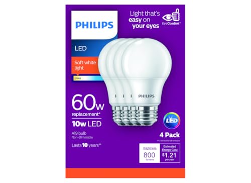 Philips B01AHLY6WO 4pk 8.5W=60W LED Soft White A19 Bulbs