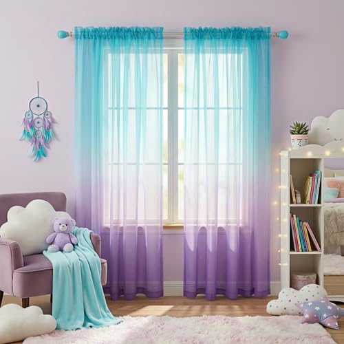 KOUFALL Mermaid Curtains for Girls Bedroom, Ombre Colorful Sheer Kids Curtains for Nursery Baby Room Decor 2 Panel Set, Light Purple Lavender and Teal Aqua Green, 84 Inches Long