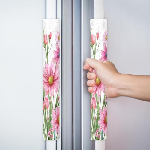 Image of Pardick Spring Pink Flower Refrigerator Door Handle Covers Set of 2 Spring Pink Flower Washable Fridge Dishwasher Mocrowave Oven Door Decor Protector Handle Cover Kitchen Appliance Decorative