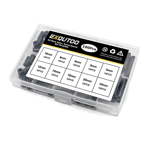 Image of Exqutoo Black ABS Round Washers ID 3.2mm,OD 7mm, 3mm 5mm 6mm 8mm 10mm 15mm 18mm 20mm 25mm Length, Assortment Kit, Non-Threaded, Suitable for M3 Screws Hardware Spacer Bracket