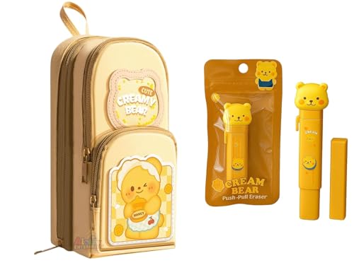 Image of Creamy Bear Pencil Case with Eraser, Large Capacity Pouch | Cute bear-themed pencil case with retractable eraser, spacious storage and multiple compartments for stationery.