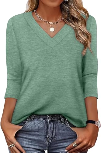 3/4 Length Sleeve Womens Tops V Neck T Shirts Basic Tunic Tops Loose Fit Dressy Spring Outfits for...