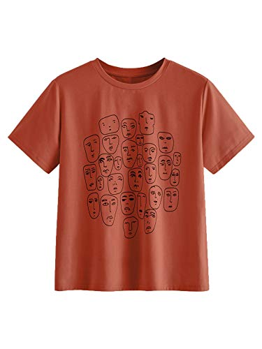 Romwe Women's Graphic Printed Cartoon Portrait Short Sleeve Casual T-Shirt Top Dark-Orange Xx-Large #TOP13